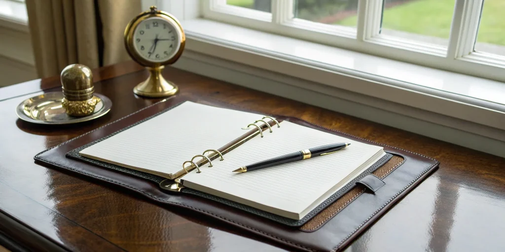 A real estate investor's notebook and pen for researching the best hard money lenders.