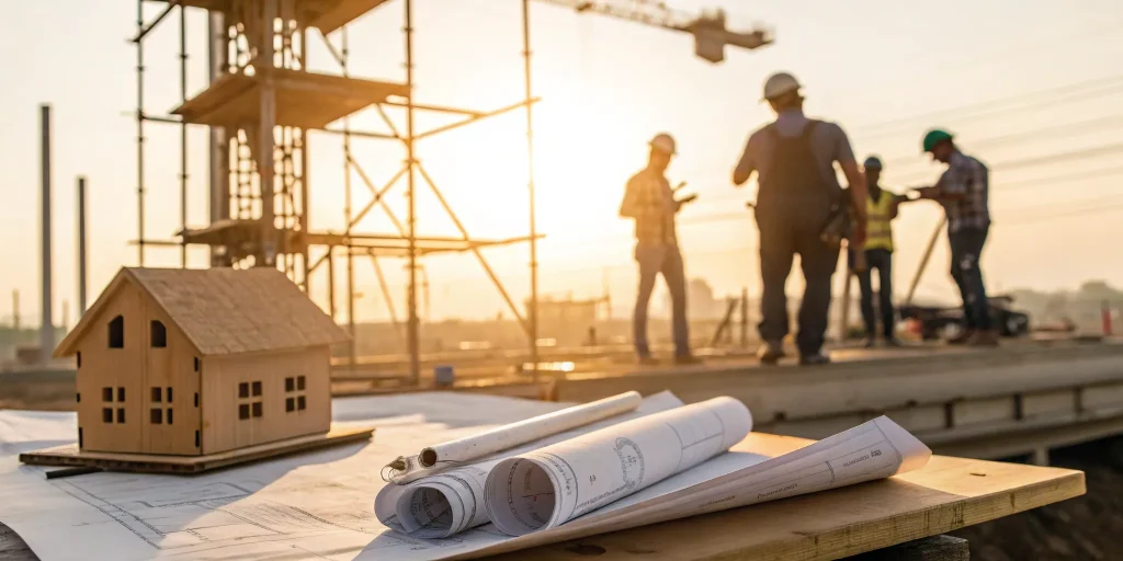A house model and blueprints for a renovation project funded by fix and flip loan lenders.