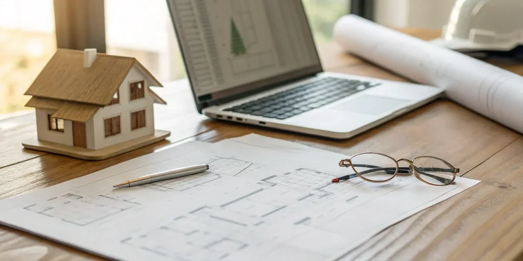 A desk with a model house and laptop for researching a list of hard money lenders.