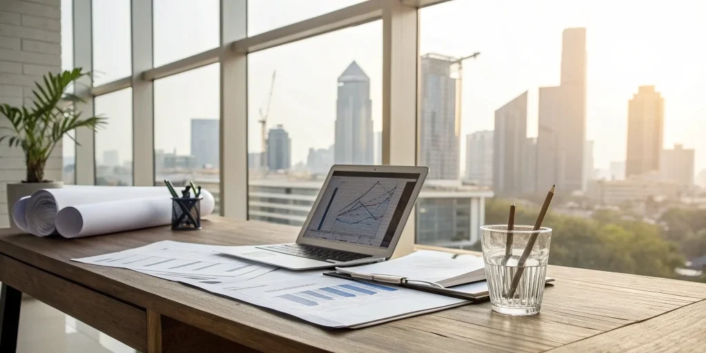 A laptop with financial charts and documents for finding the best DSCR lender.