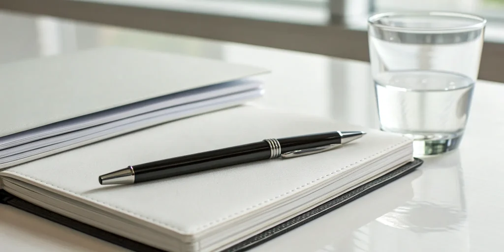 A clean desk with a notebook, ready to review no-doc mortgage requirements.