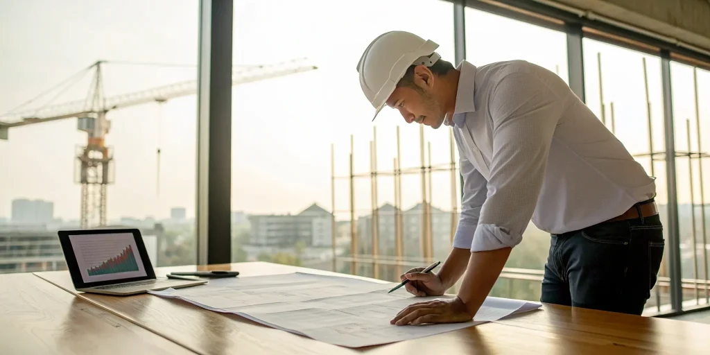 Investor reviews renovation plans and charts to understand current rehab loan rates.