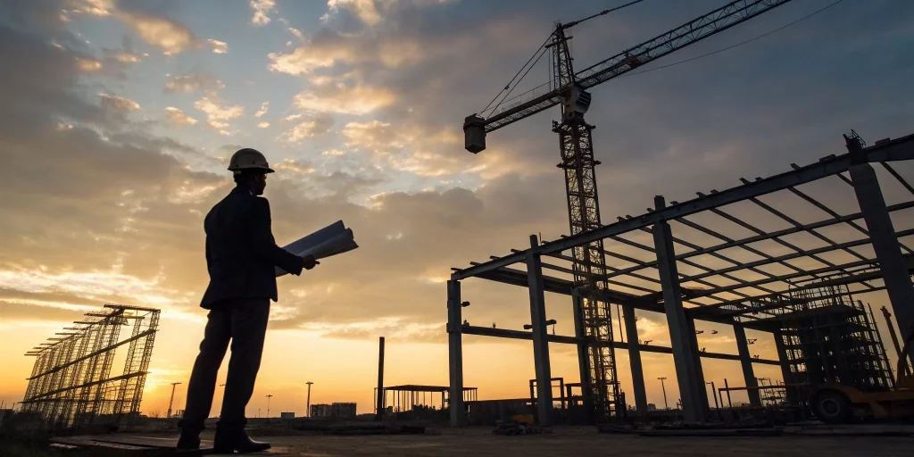 Architect reviews plans for ground up construction financing on a site with a crane and steel framework.
