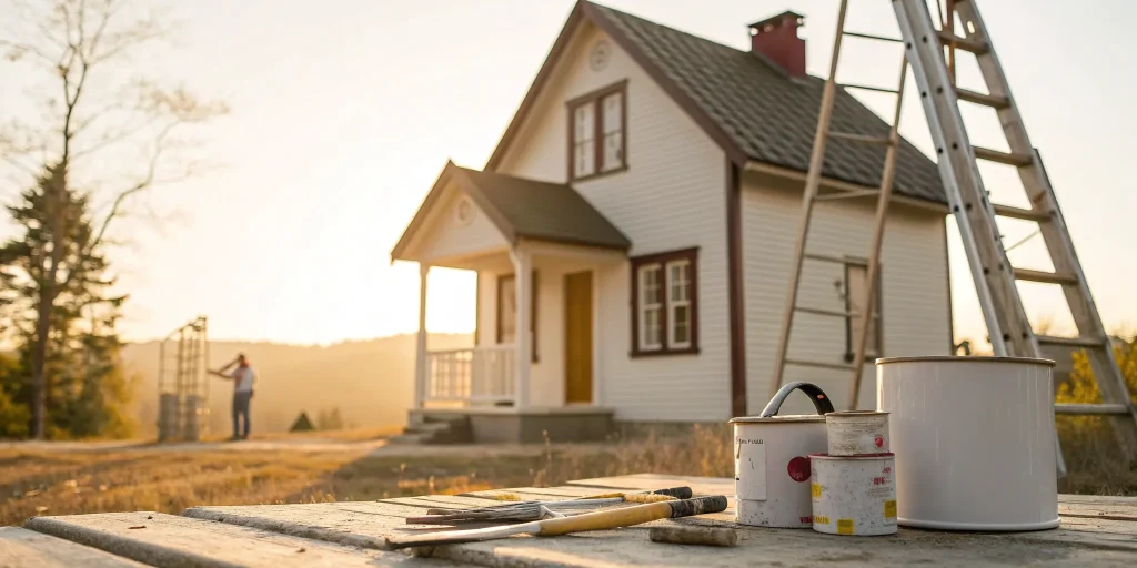 A house renovation project with paint and a ladder, funded by financing for house flippers.