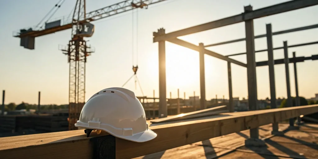 Hard hat on a building frame, a crucial step for a construction loan.
