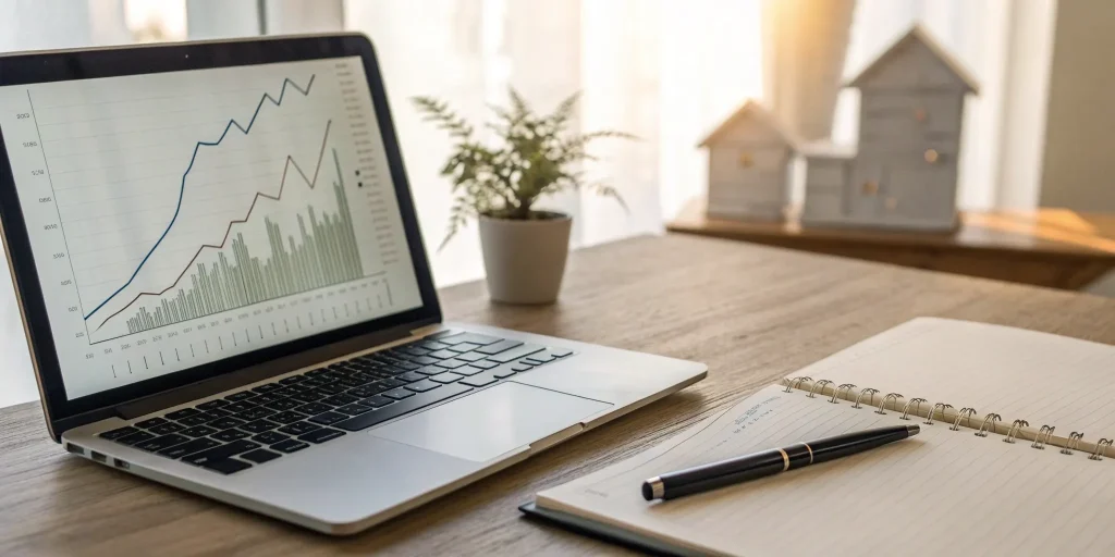 Laptop displaying financial graphs for a DSCR loan next to a notebook and pen.