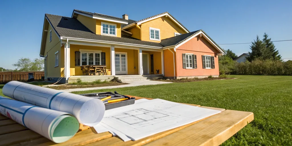 A house model, blueprints, and tools for planning a house flip with an ARV loan.