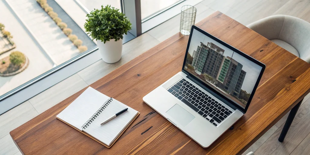 An investor at a desk with a laptop planning a property investment using ARV loans.