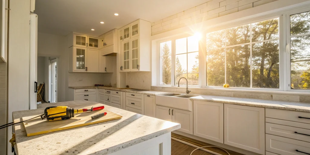 A modern kitchen in a home renovated after you apply for a house flipping loan.