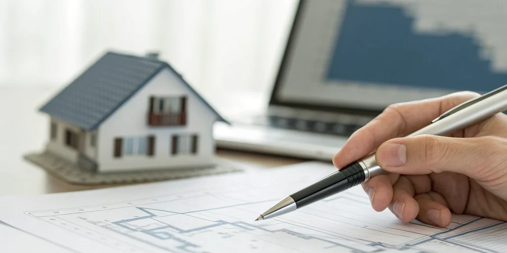 Applying for a no personal DTI rental loan with blueprints and a laptop.