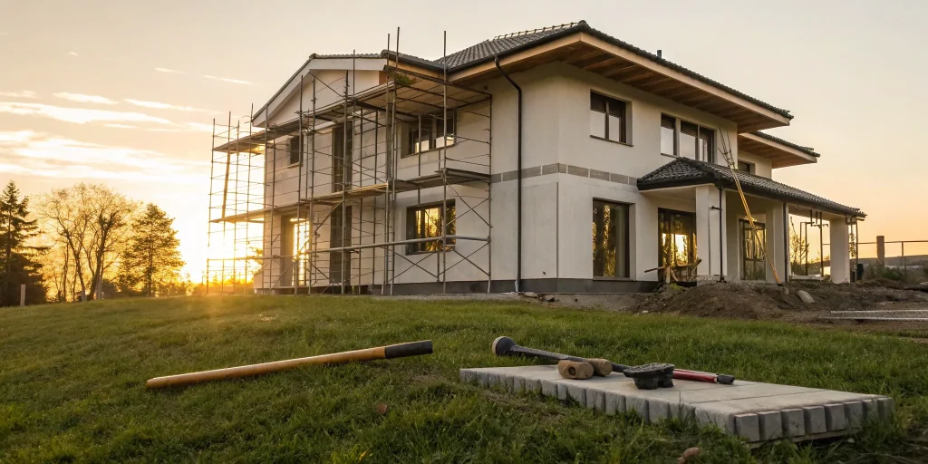 A modern spec home under construction, a project that requires careful financing.