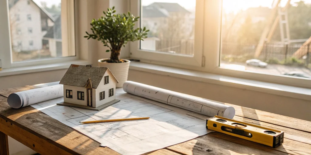 Model house, blueprints, and planning tools for how to get a loan for flipping a house.