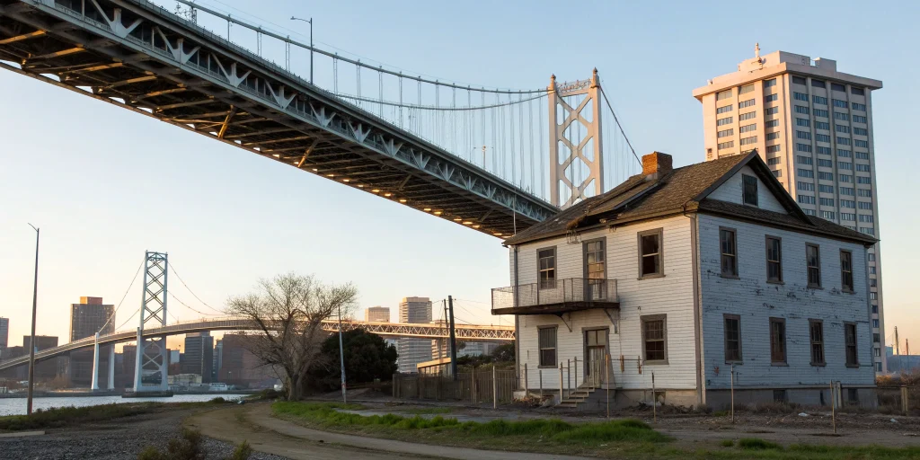 A house being refinanced from a hard money loan to a conventional loan, with a city skyline in the background.