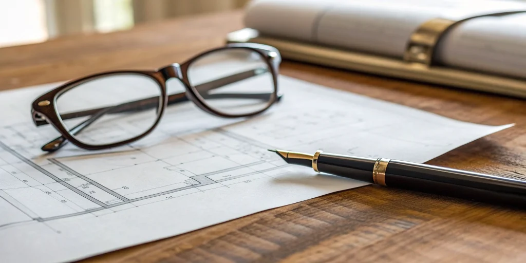 Blueprint, pen, and glasses on a desk for finding the best DSCR lenders for rental property.