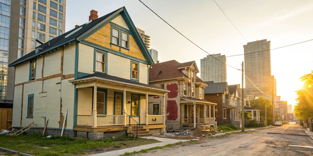 A row of houses being renovated with a fix and flip bridge loan.