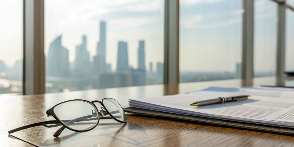 DSCR loan documents, a pen, and glasses on an office desk.