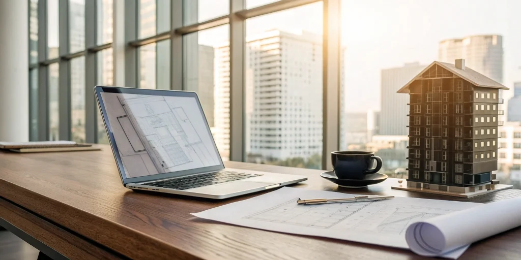 Planning a blanket loan for a rental property LLC with blueprints and an apartment model.