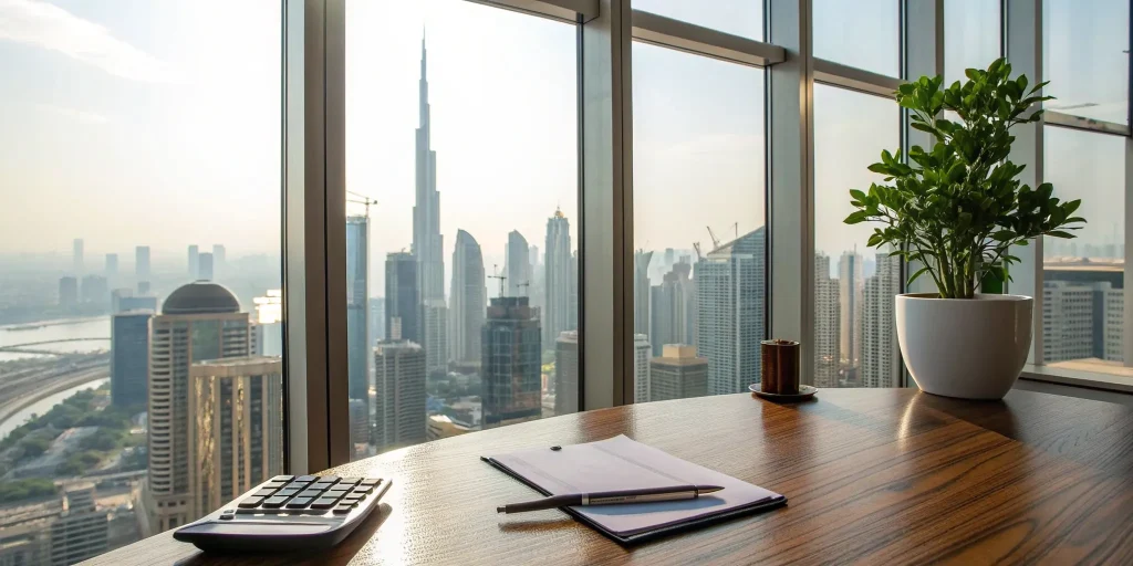 Calculating the pros and cons of a cash-out refinance at a desk with a city view.