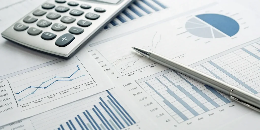 Calculator, pen, and financial charts for planning fix and hold financing.
