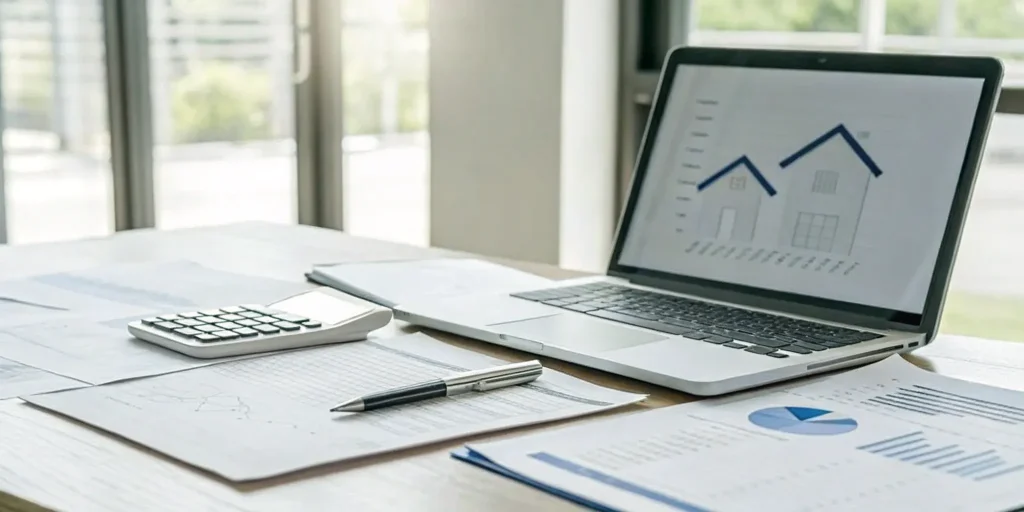 Laptop and calculator showing property cash flow for a no income verification DSCR loan.