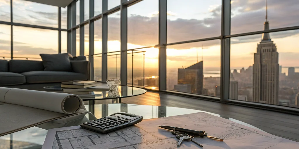 A calculator and blueprints used to find the best cash out refinance rates for an investment property.