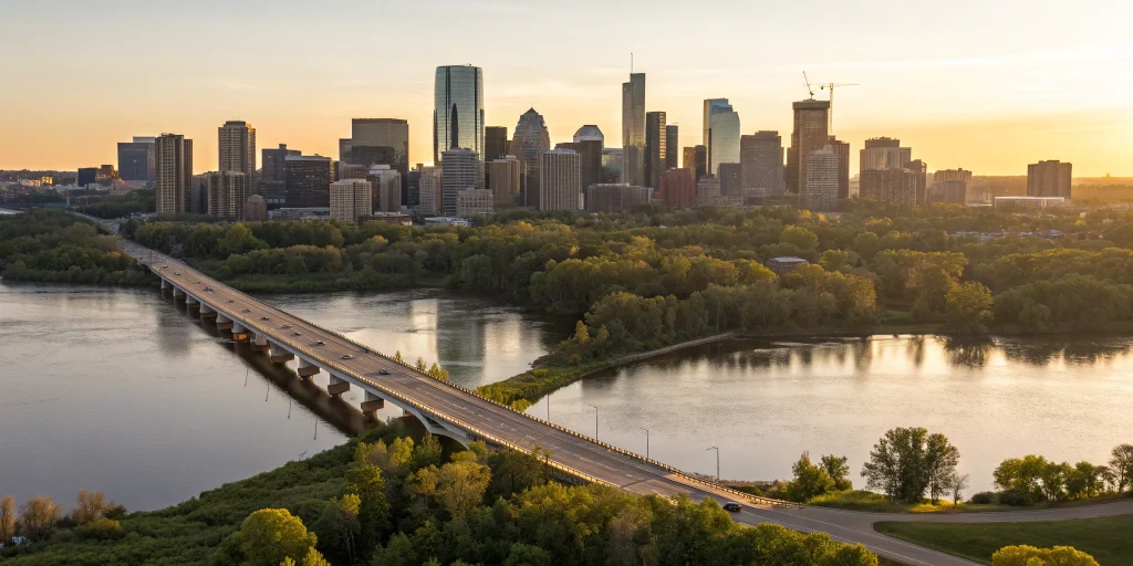 A city bridge over water, a visual metaphor for a bridge to perm loan for a rental property.
