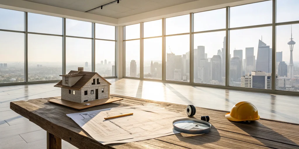 Model house, blueprints, and hard hat for planning a real estate project with an ARV loan.