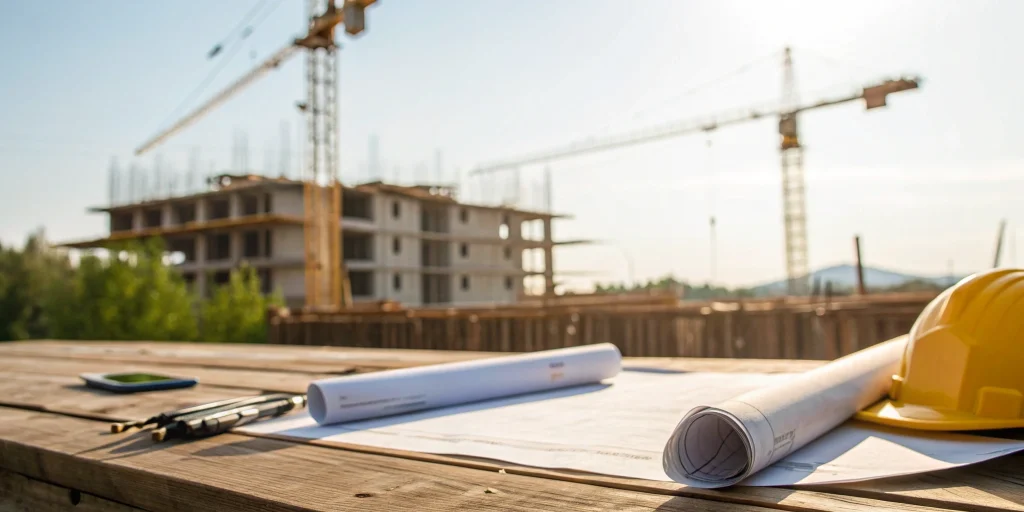Building under construction with cranes and blueprints, a project using bridge to perm financing.