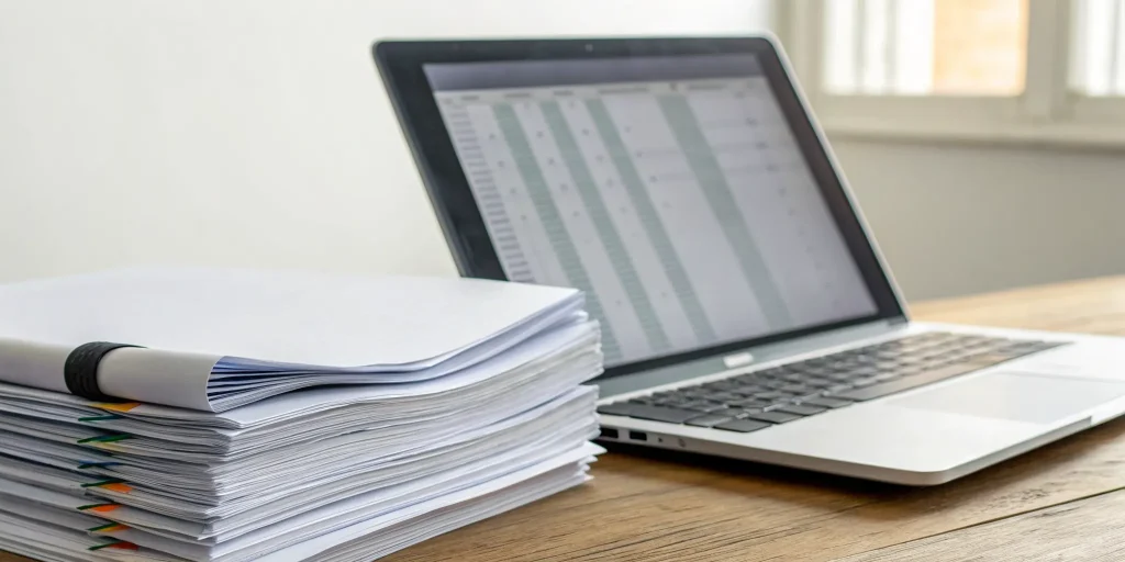 A spreadsheet and documents on a desk for planning how to finance the BRRRR method.