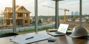Investor's desk with plans for a spec home construction project, seeking financing from lenders.