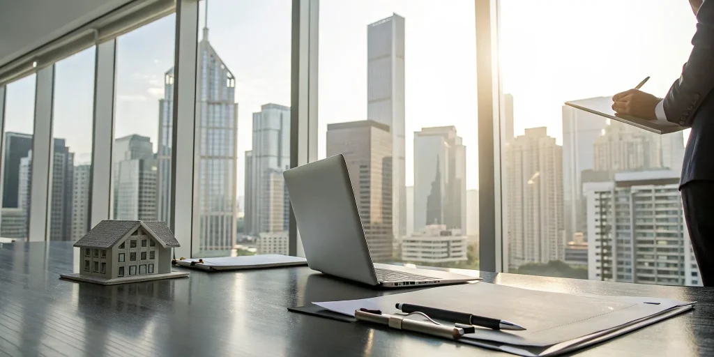 A desk with a house model and paperwork for a portfolio loan on rental properties.