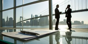 Two people reviewing a same day term sheet for a bridge loan.