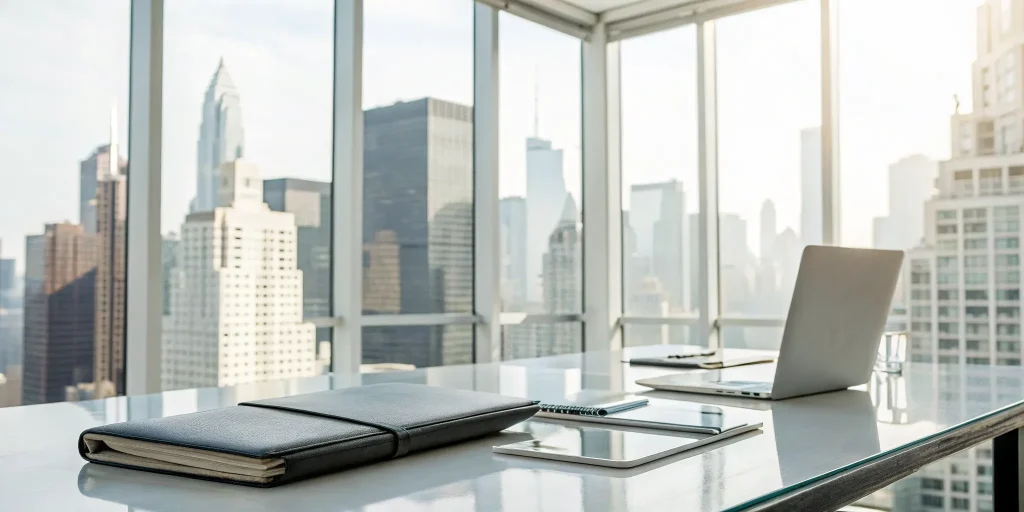 Managing a portfolio loan for rental properties on a laptop at a desk overlooking a city.