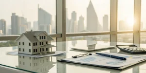 A model house and calculator on a desk for analyzing rental property portfolio loan rates.