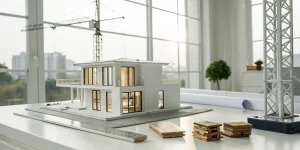 A builder plans spec home financing with a house model and blueprints on a desk.