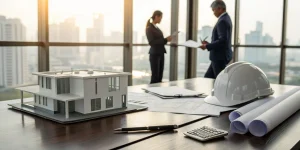 Two builders discussing spec home financing options with blueprints and a calculator.