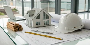 House model, blueprints, and hard hat for a spec home line of credit.