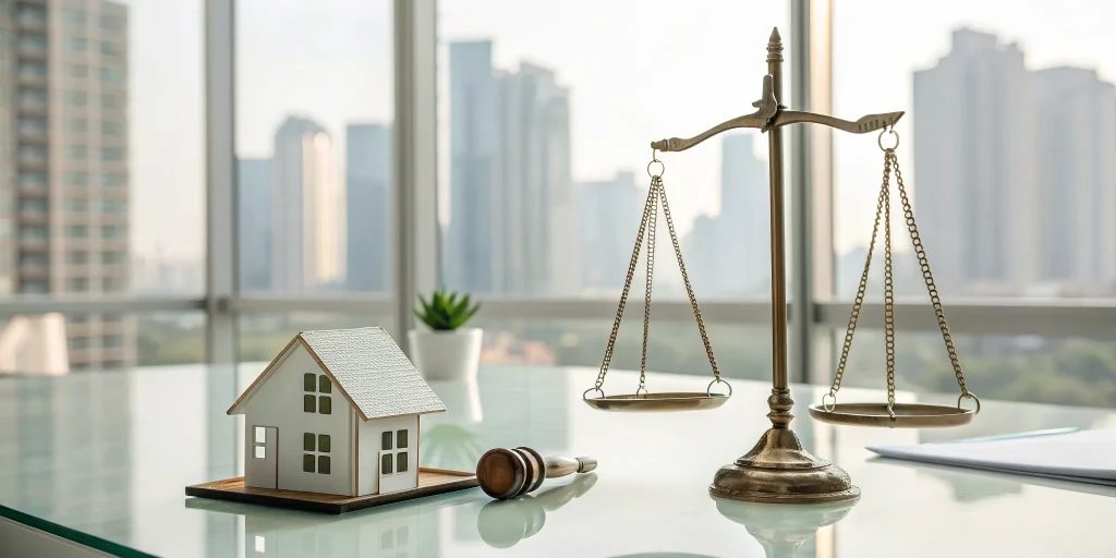 Gavel and scales next to a model house, weighing the pros and cons of interest-only loans for flipping.