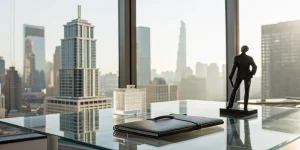 Office desk with a portfolio representing a collection of assets for non-recourse loans.