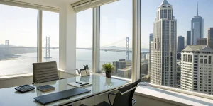 Office view of a city bridge and the financial requirements for a bridge loan.