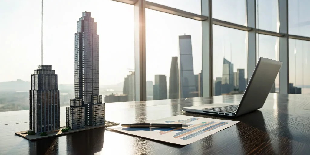 Office desk with laptop and building models for comparing the best portfolio loan lenders.