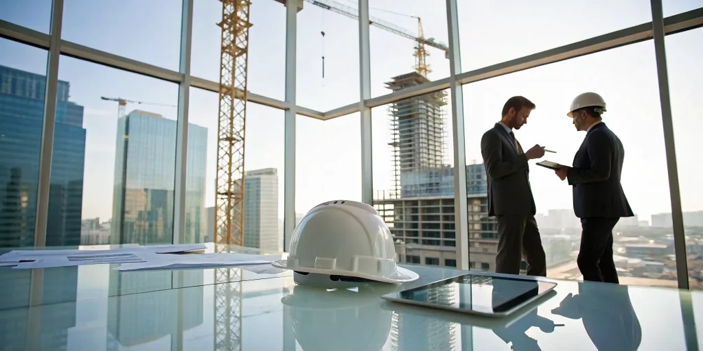 Two real estate investors discussing the terms of a new construction loan for their project.