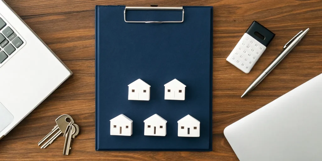Mini rental properties on a clipboard with a laptop, outlining blanket loan requirements.
