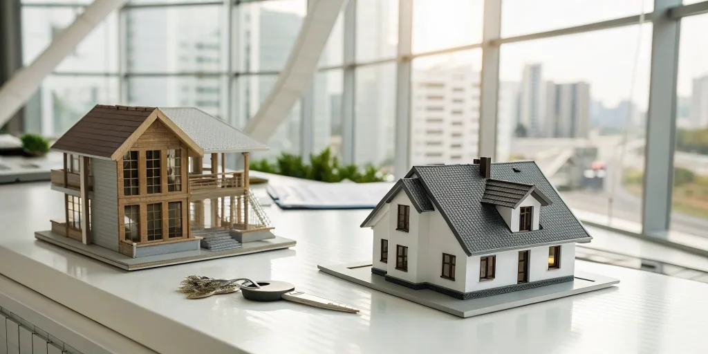 House models and keys on a desk symbolizing a bridge loan for flipping houses.