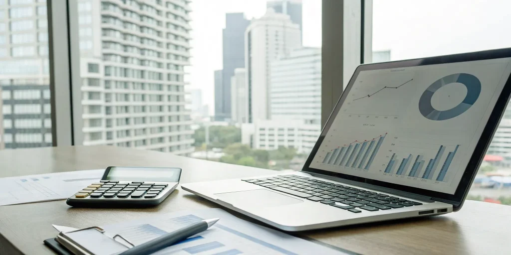 Laptop showing a DSCR loan calculator for checking loan requirements, with paperwork on a desk.