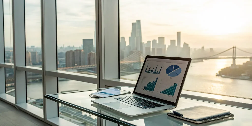 An interest-only bridge loan calculator on a laptop with a view of a city bridge.