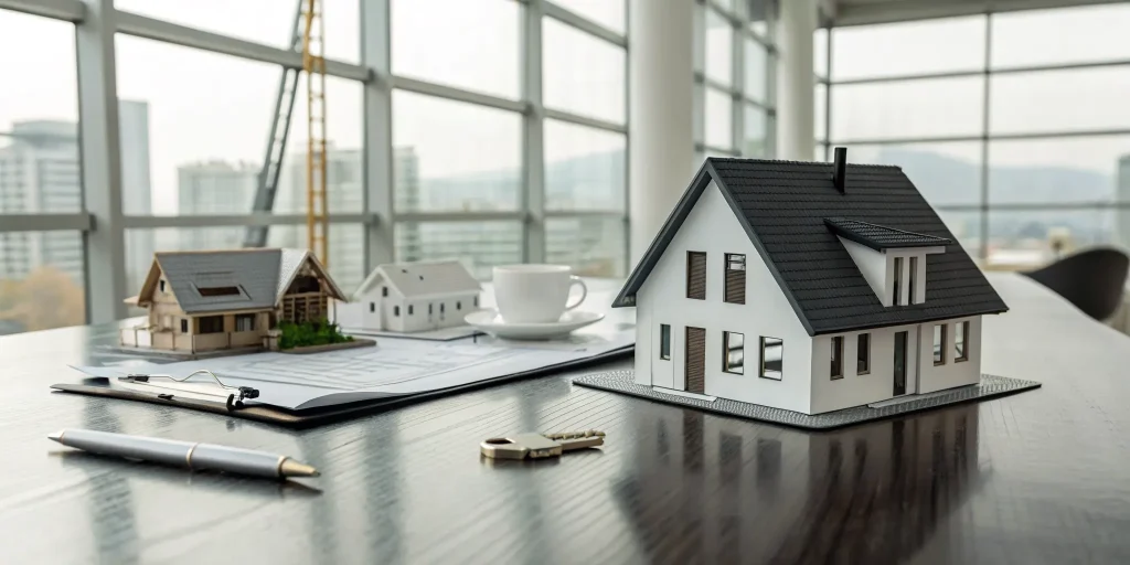 Model houses, keys, and a contract from hard money lenders for flipping houses.