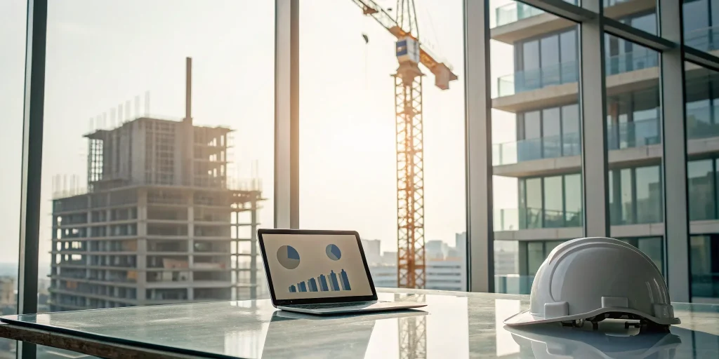 Laptop showing the construction loan draw process with a hard hat on a desk and a construction site visible.