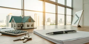 Applying for a cash out refinance on a rental property with paperwork, keys, and a calculator.