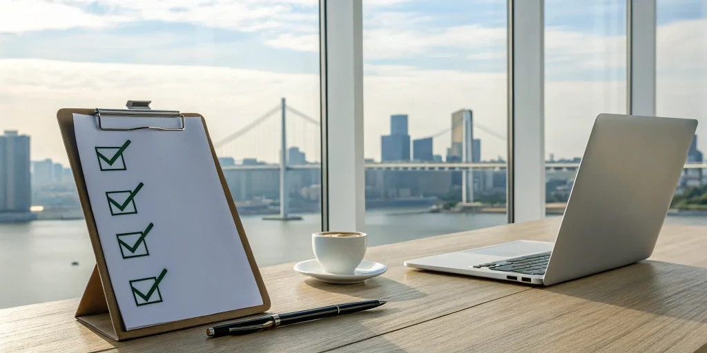 Checklist on a desk for choosing the best bridge loan lenders, with a city bridge in the background.